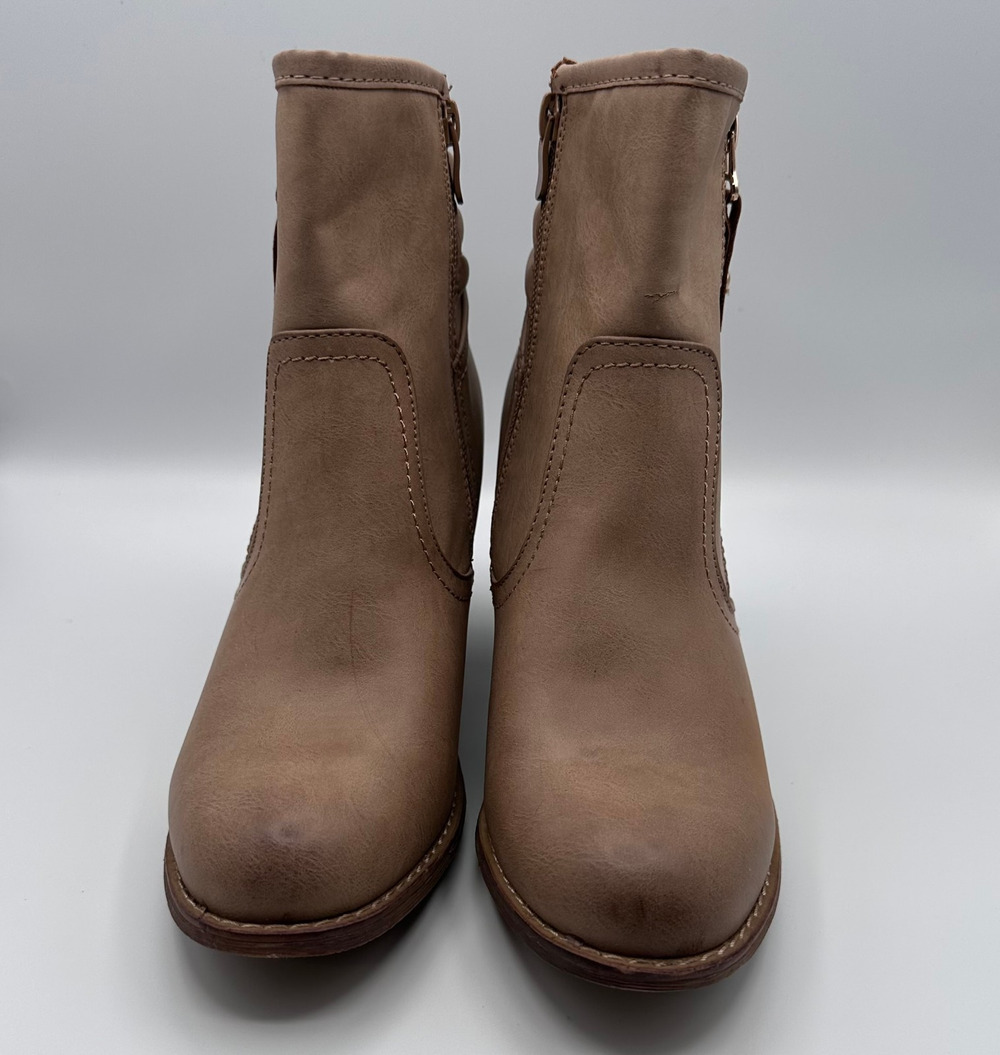 Via PINKY Taupe Faux Leather Ankle Boots 8.5 - Block Heel Zip Booties Women